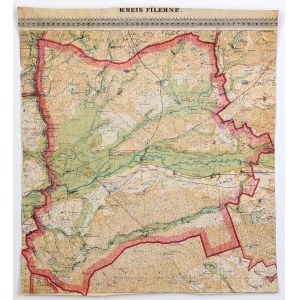 WIELEŃ. Mapa powiatu wieleńskiego; lit. i druk. P. Baron, 1910; w górze część ozdobnej bordiury; …