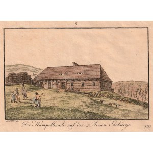KARKONOSZE, KARPACZ. Strzecha Akademicka; obr. a ryt. F.A. Tittel, Kowary, ca. 1828; akv. barva....