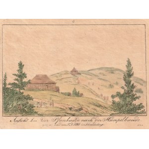 KARKONOSZE, KARPACZ. View from under Pfarrbaude (?) toward Strzecha Akademicka; drawing and eng. F.A. T...