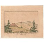 KARKONOSZE, KARPACZ. View from under Pfarrbaude (?) toward Strzecha Akademicka; drawing and eng. F.A. T...