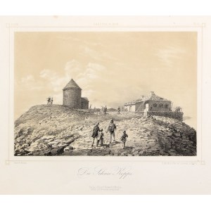 KARKONOSZE, ŚNIEŻKA. Kaplica św. Wawrzyńca i schronisko na Śnieżce; rys. F. Koska, Lithographisch…