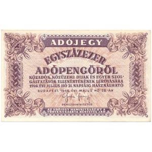 Hungary - 100,000 (Egyszázezer) Adópengő 1946 * P144e * white paper, no serial number