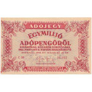 Ungarn – 1.000.000 (Egymillió) Adópengő 1946 * P140b * Wappen verkehrt herum!