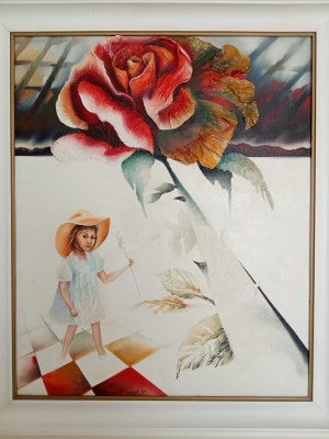 Alina Dorada-Krawczyk (ur. 1952),Bez tytułu (Kompozycja surrealistyczna z różą i dziewczynką), 1992 r.