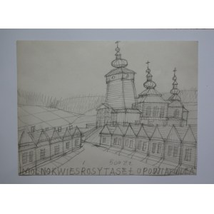 Nikifor Krynicki (1895-1968),Widok na drewnianą cerkiew i zabudowania