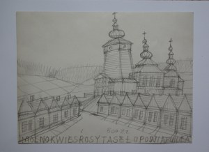 Nikifor Krynicki (1895-1968),Widok na drewnianą cerkiew i zabudowania