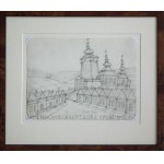Nikifor Krynicki (1895-1968),Widok na drewnianą cerkiew i zabudowania
