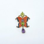 Interesting sterling silver gold-plated butterfly pendant with Amethysts, Peridots and Enamel