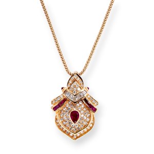 Necklace with ruby and diamond pendant