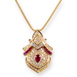 Necklace with ruby and diamond pendant