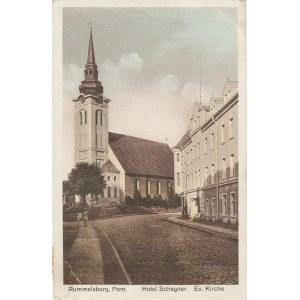 MIASTKO. Rummelsburg, Pom. Hotel Schegner. Ev. Kirche, wyd. ok. 1919; cz.-b.