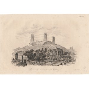 CHĘCINY. Widok na ruiny zamku w Chęcinach, druk. Leclere (sygn. na płycie Impr