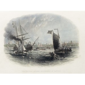 GDAŃSK. Okręty u wejścia do Nowego Portu, w tle widok miasta, ryt. A. Willmore