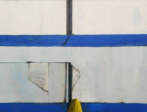 Anna MARCINIAK (ur. 1984), Ściana w pracowni przed remontem i po. Błękitna lamperia z żółtym ręcznikiem, 2014