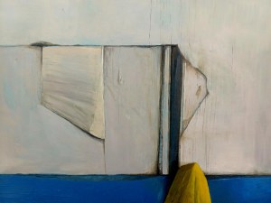 Anna MARCINIAK (ur. 1984), Ściana w pracowni przed remontem i po. Błękitna lamperia z żółtym ręcznikiem, 2014
