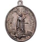 Církevní medaile - mariánské družiny, Praha 1575/1880 - Jan Nepomucký klečící před Pa.
