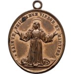 Církevní medaile - ražené svátostky oválné, Svatá Filomena, latinský opis / světice v prosklené