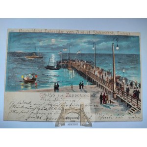 Sopot, Zoppot, lithograph, moonlight, pier, bicycle advertisement 1902