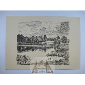Solniki u Susz, přístřešek, jezero, grafika kolem roku 1935