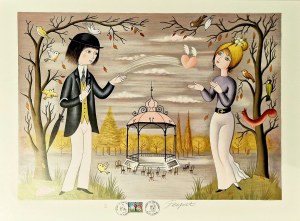 Peynet Raymond (1908-1999), „La balle de l'amour’’ (Złap Piłkę Miłości) z cyklu „Les Amoureux” (Zakochani) 1985