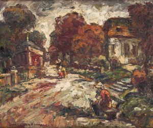 Maurice Vagh-Weinmann (1899 - 1966 ), Kobieta na ławce czytająca książkę na tle uliczki