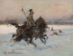 Jerzy Kossak (1886 Kraków - 1955 Kraków), Ułan na koniu w zimowej scenerii, 1922