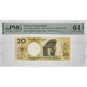 20 zlotých, série A z roku 1990, PMG 64EPQ, Gdaňsk