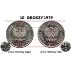 Poľská ľudová republika, 10 grošov 1979, NGC UNC – podrobnosti, znak mincovne nižšie