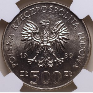 People's Republic of Poland, 500 zlotych, 1989, “50th Anniversary of the Defensive War,” variant with a diamond, NGC MS 65