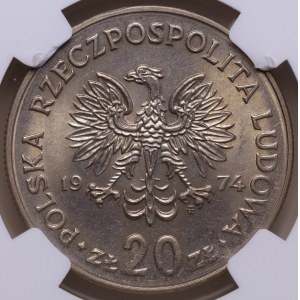 Polská lidová republika, 20 zlotých 1974 „Marceli Nowotko“, nedotisk orla, NGC MS 63