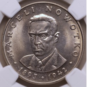 Polská lidová republika, 20 zlotých 1974 „Marceli Nowotko“, nedotisk orla, NGC MS 63