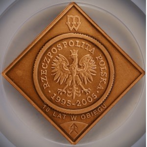 Third Republic of Poland, 5 groszy Coin, 2005, “10 Years in Circulation,” patinated copper, NGC MS 66 ANTIQUED