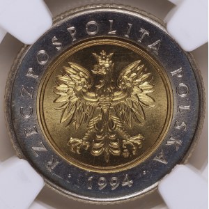 Third Republic of Poland, 5 zlotych, 1994, NGC MS 66