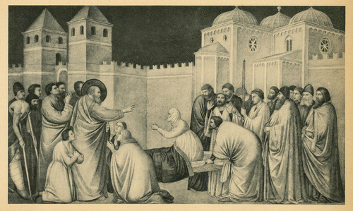 Giotto. Św. Jan Ewangelista wskrzesza Druzjanę, r. 1315 - 1317. S. Croce. Florencja