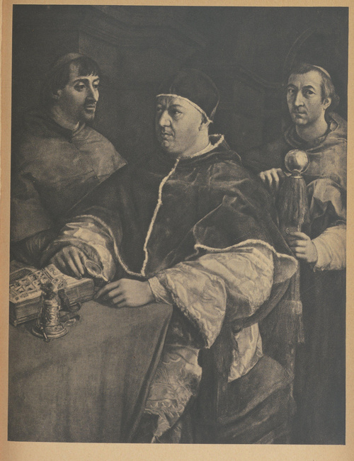 Rafael. Portret Leona X z kardynałami Ludovico de’Rossi i Giulio de’Medici, 1517-1519. Galeria Pitti. Florencja
