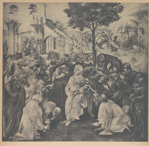 Leonardo da Vinci. Pokłon Trzech Króli. 1481. Florencja, Galeria Uffizi