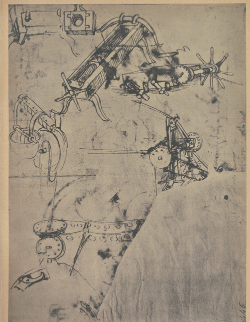 Leonardo da Vinci. Maszyny strzelnicze, miotacze. Rysunek. Florencja, Galeria Uffizi