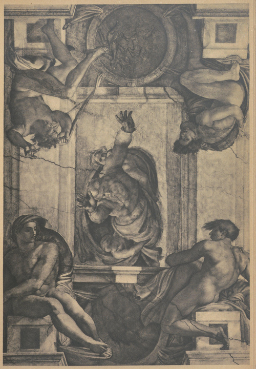 Michał Anioł Buonarrotti. Bóg oddziela wodę od ziemi. Fragment plafonu kaplicy Sykstyńskiej. 1508 - 1512. Rzym. Watykan