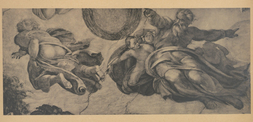 Michał Anioł Buonarrotti. Stworzenie słońca, księżyca i gwiazd. Fragment platonu kaplicy Sykstyńskiej. 1508 - 1512. Rzym. Watykan