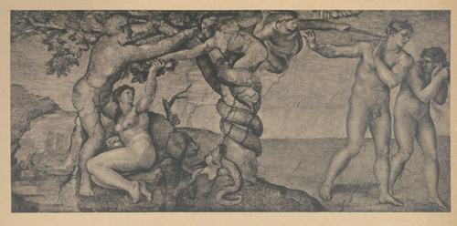 Michał Anioł Buonarotti. Grzech pierworodny i wygnanie z raju. Fragment plafonu kaplicy Sykstyńskiej. 1508 - 1512. Rzym, Watykan