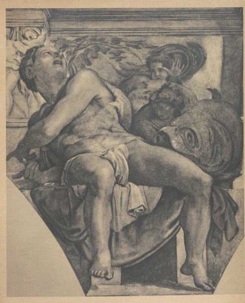Michał Anioł Buonarrotti. Prorok Jonasz. Fragment plafonu kaplicy Sykstyńskiej. 1508 - 1512. Rzym, Watykan