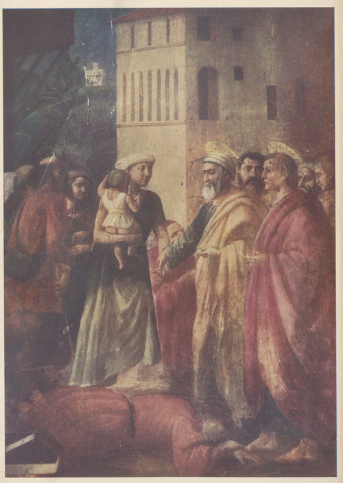 MASACCIO. ŚW. PIOTR DAJE JAŁMUŻNĘ UBOGIM. FLORENCJA. KOŚCIÓŁ DEL CARMINE