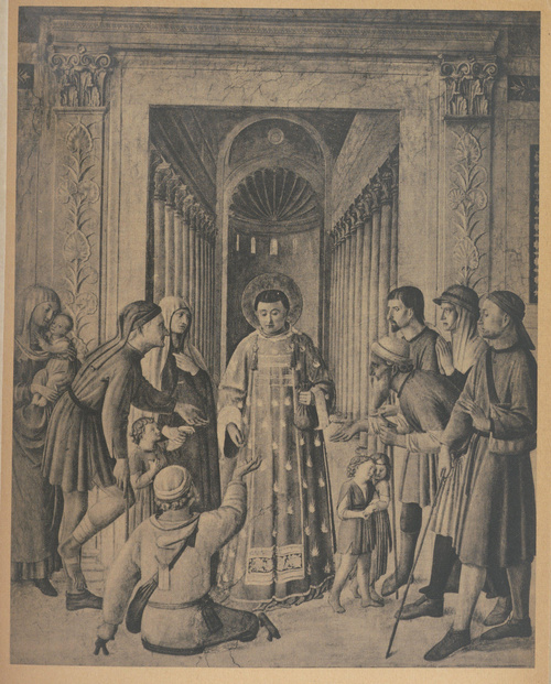 Fra Giovanni Angelico. Św. Wawrzyniec rozdaje biednym skarby kościelne. 1452-1455. Rzym, Watykan , Studio Mikołaja V