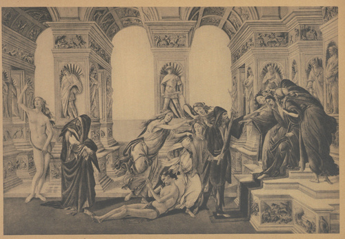 Sandro Botticelli. Obmowa (według Apellesa). Ok. 1494. Florencja, Galeria Uffizi