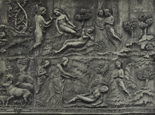 Orvieto. Tum. LORENZO MAITANI z uczniami. Stworzenie Adama i Ewy. (Fragment z płaskorzeźb na fasadzie).