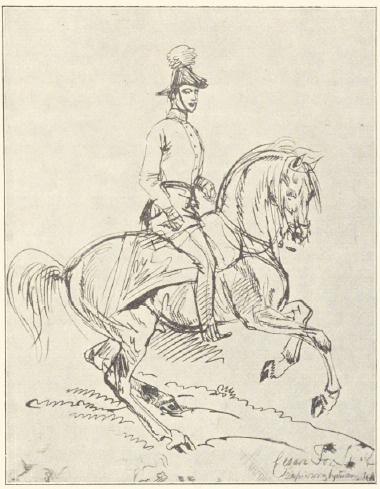 FRANCISZEK JÓZEF NA KONIU 1845-1855 (rysunek piórem) (WŁASNOŚĆ p. KONSTANTOWEJ JAGNIŃSKIEJ)