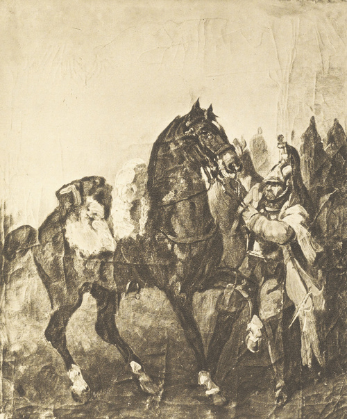 KIRASJER Z KONIEM. Ol. na pł. (1832-1837). Własność p. Władysława Kościelskiego
