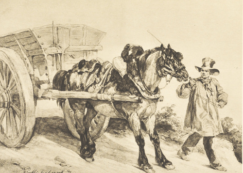 WIEŚNIAK FRANCUSKI PROWADZĄCY KONIA Z WOZEM. Akwarela. (1832-1837). Własność p. Edmunda Mętlewicza.