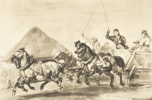 ŚCIGAJĄCE SIĘ WOZY. Akwarela. (1840-1845). Własność p. Dominika Łempickiego.