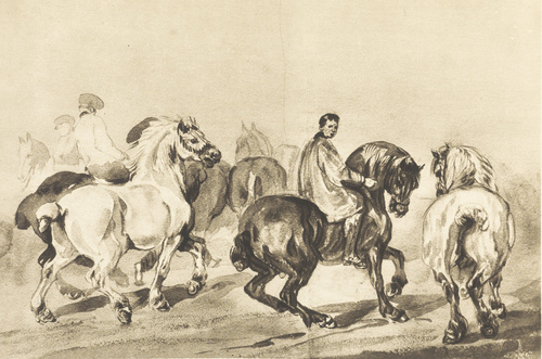 WIEŚNIACY FRANCUSCY NA KONIACH. Akwarela. (1845-1855). Własność p. Dominika Łempickiego.